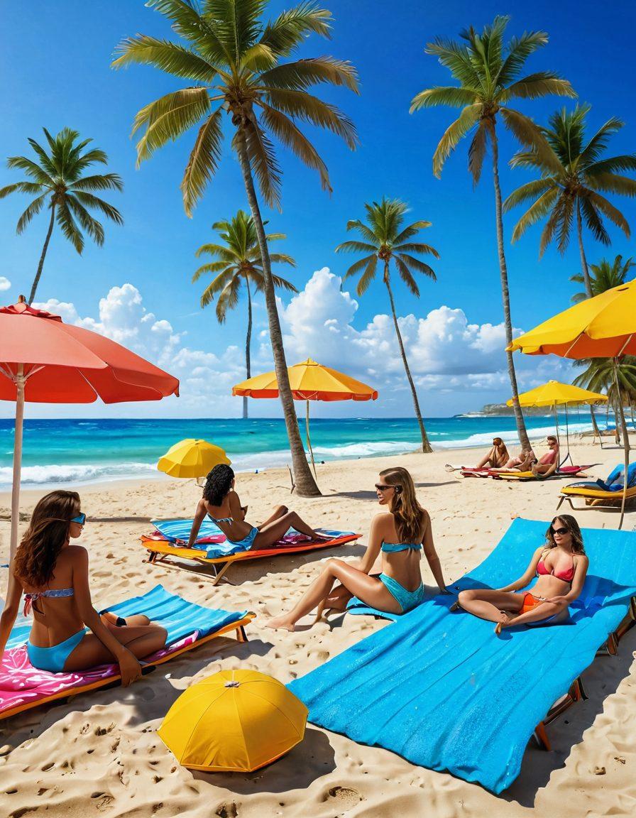 A vibrant beach scene featuring a diverse group of stylish women in trendy bikinis, showcasing the latest beach fashion, with sunglasses and colorful beach accessories. Include palm trees swaying in the background and a clear blue sky, capturing the essence of summer fun. Add a few fashionable celebrity figures lounging and enjoying the sun, with splashes of beach activities like volleyball and surfing. The foreground should be filled with bright beach towels and umbrellas. super-realistic. vibrant colors. tropical vibe.